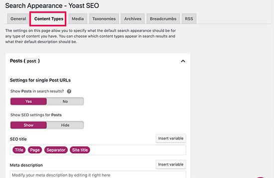 Search appearance settings for each content type on your website