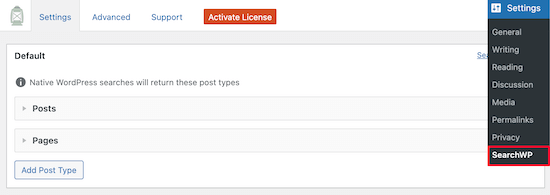 SearchWP settings menu