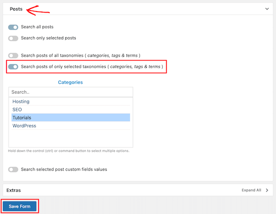 Choose WordPress search categories
