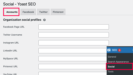 Add social media accounts in Yoast SEO