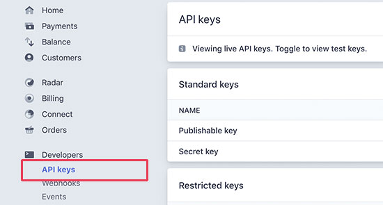 Stripe API keys