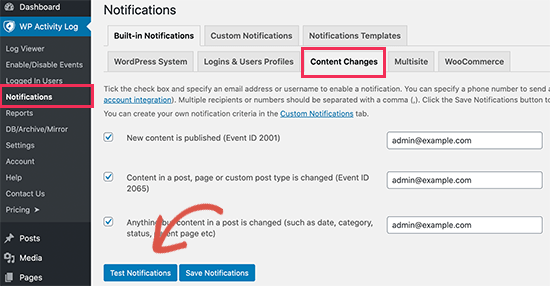 Test notifications in WordPress Activity Log