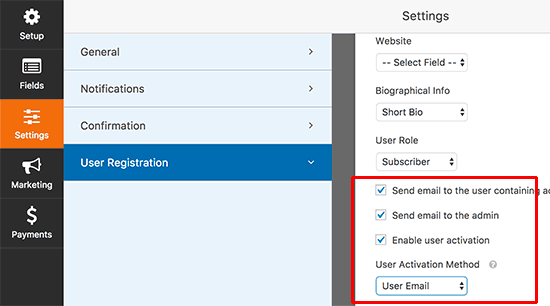 User registration settings