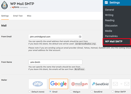 WP Mail SMTP Settings