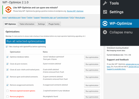 WP-Optimize settings
