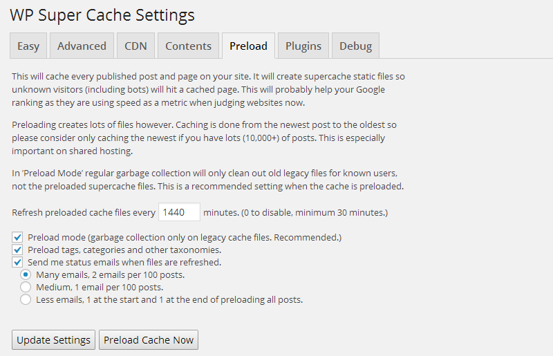 WP Super Cache Preload Tab WP Super Cache Preload Tab