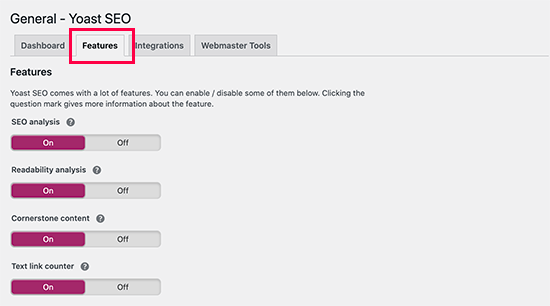 Enable or disable Yoast features