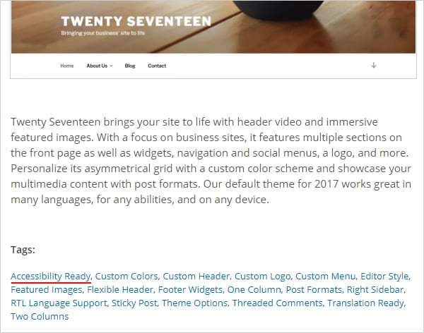 Screenshot of WordPress theme from WordPress Theme Directory with accessibility tag.