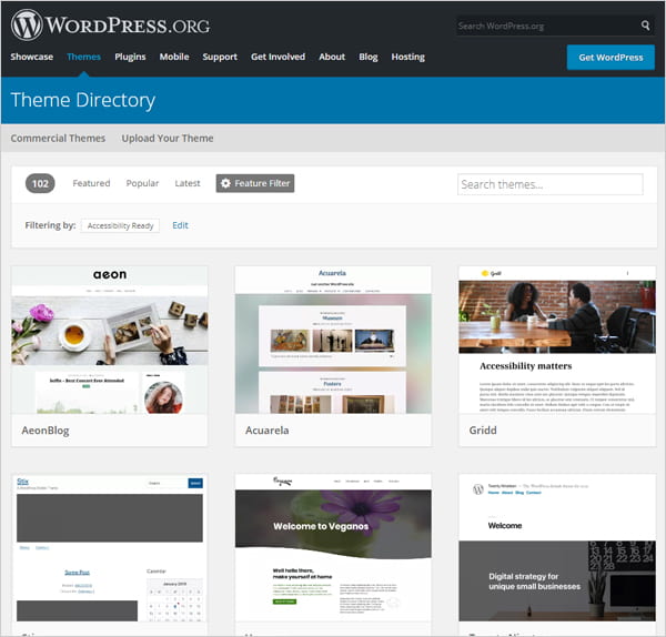Screenshot of WordPress Theme Directory results for accessibility-ready WordPress themes.