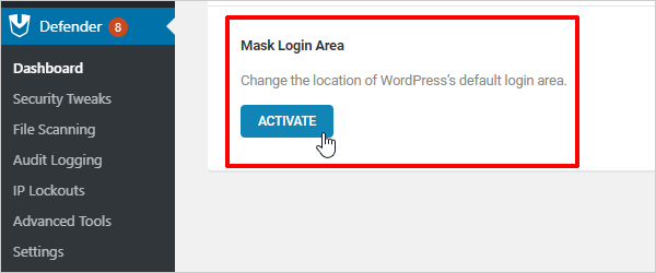 Activate Mask Login Area - Defender WordPress Security Plugin