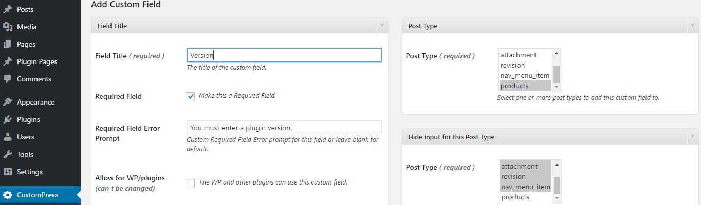 The Add Custom Field settings page.