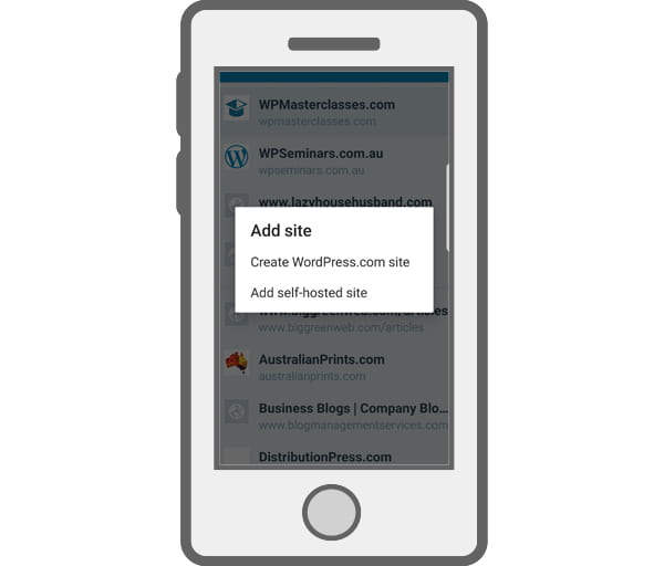 Illustration of mobile device with WordPress Mobile app 'add site' screen.