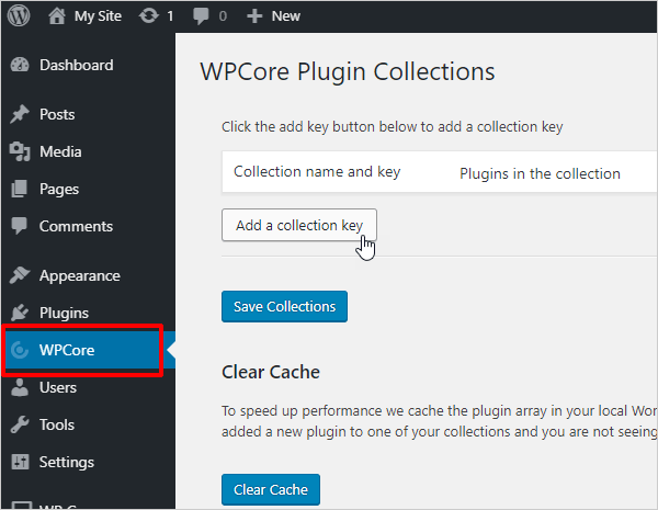 WPCore Plugin Collections screen inside WordPress