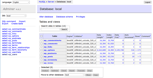 Adminer on Local by Flywheel