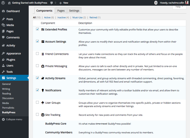 BuddyPress main settings screen