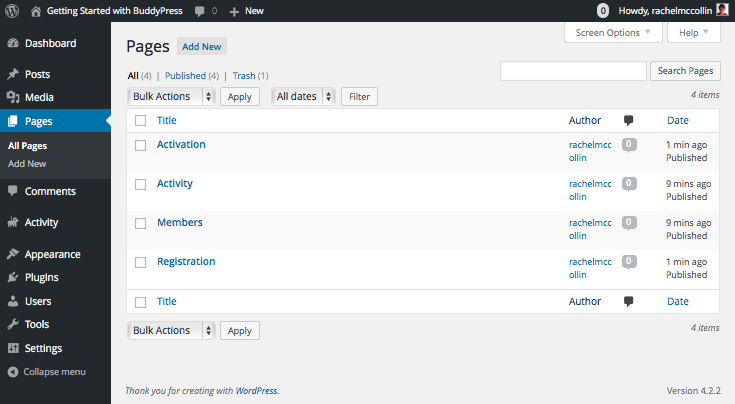 Creating Pages for a BuddyPress site