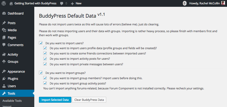 Testing BuddyPress with the BuddyPress default data plugin