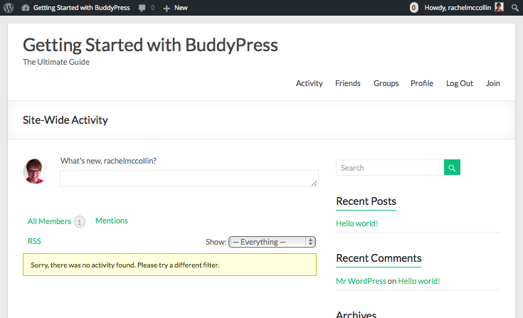 Installing BUddyPress - the sit'e home page with no content added yet