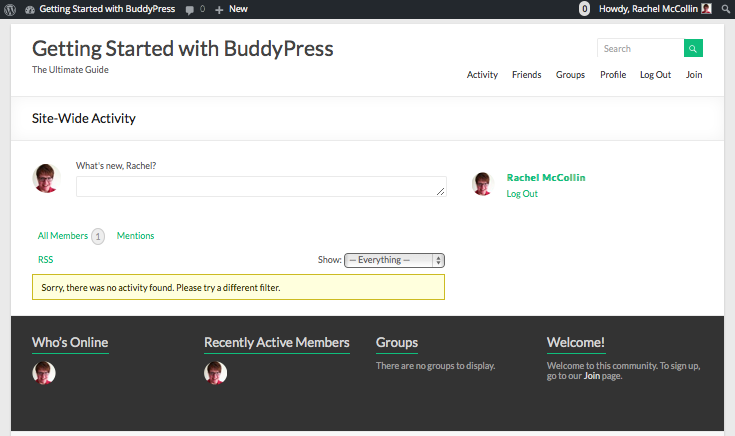 Installing BuddyPress - the site with a menu and widgets but no content