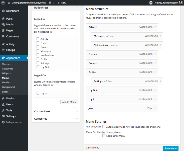 Configuring BuddyPress - adding BuddyPress pages to the navigation menu