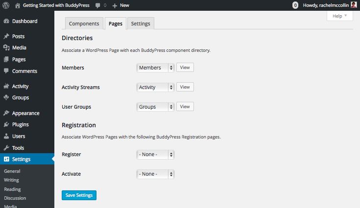 BuddyPress Pages settings tab