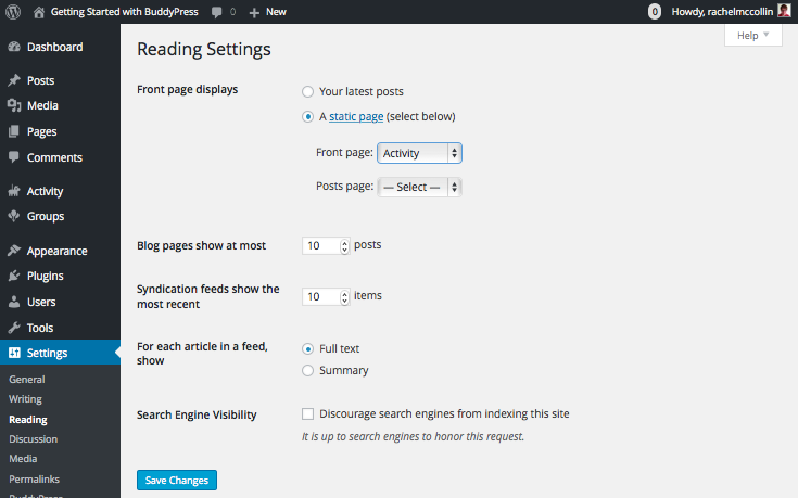 Configuring BuddyPress - Reading settings