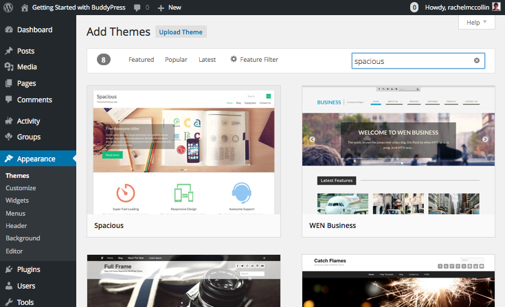Creating a BuddyPress site - selecting the Spacious theme