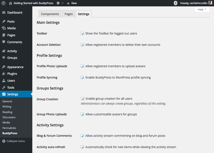 Configuring BuddyPress - settings