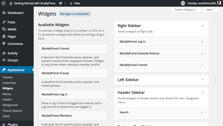 Installing BUddyPress - adding widgets to the sidebar and header