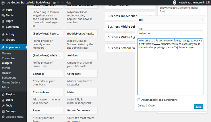 BuddyPress - welcome-text widget