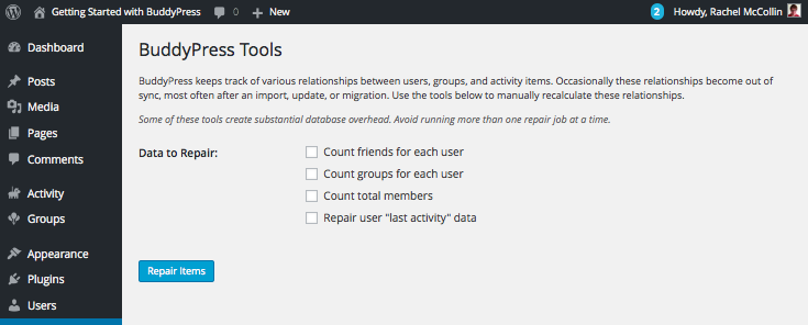 The BuddyPress Tools screen