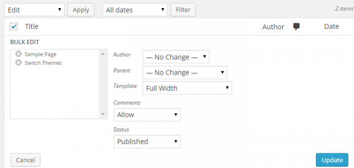 The bulk edit section has been revealed and the pages to edit are shown on the left under the title "Bulk Edit." The template is set to "Full Width," comments have been allowed and the status of these pages have been set to "Published." The "Author" and "Parent" elements have been left to acquire no change.