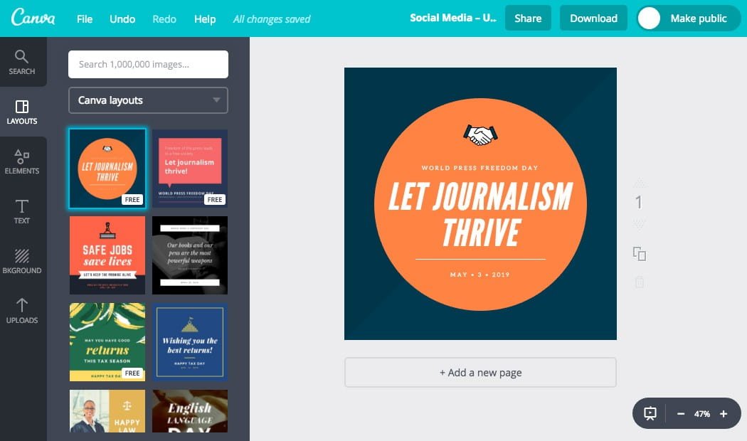 Choose a layout to use as the basis for your design, or you might want to skip this step and go straight to working with Elements.