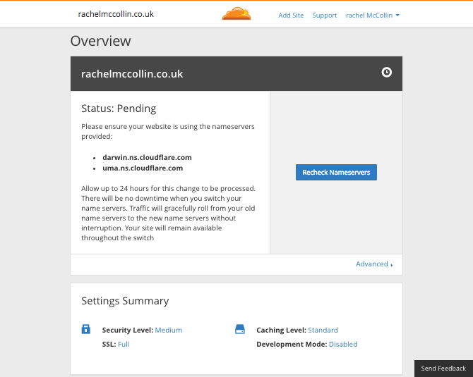 Cloudflare - account summary screen