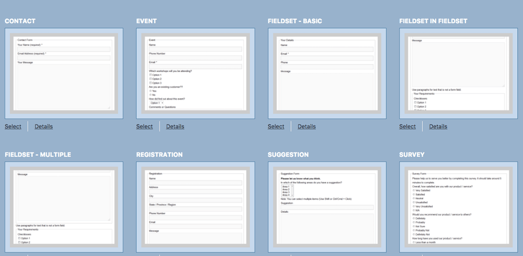 Some of the available templates in Contact Form 7 Skins