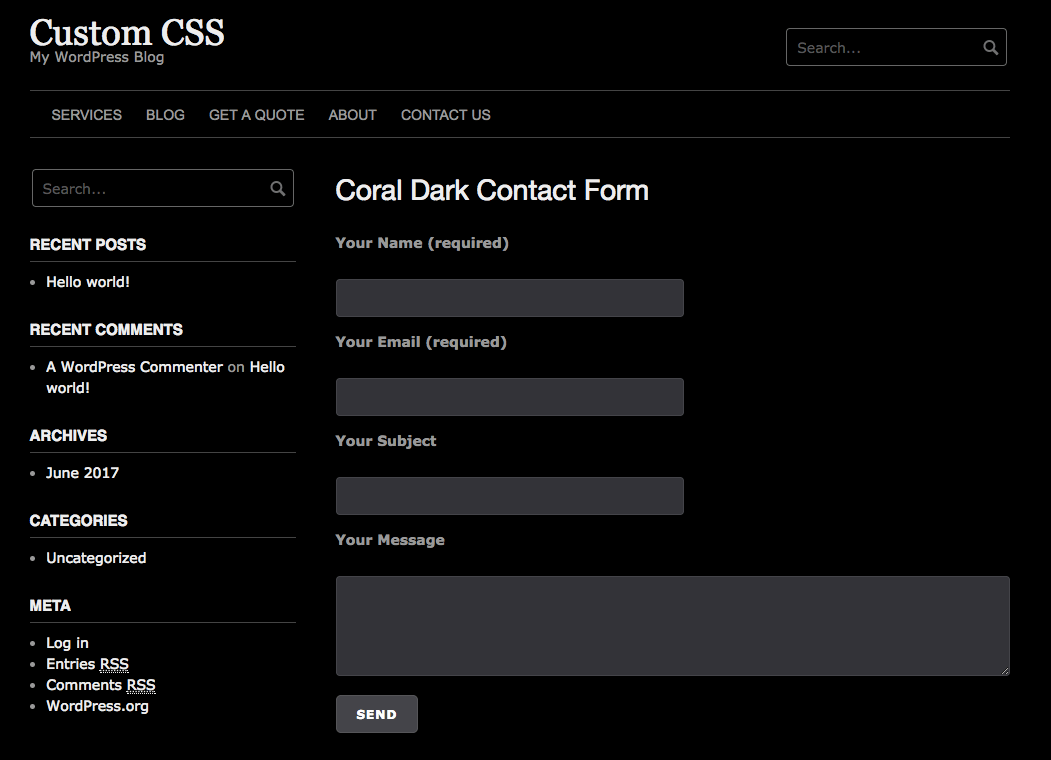 Contact Form 7 inherits the dark form fields and button with light labels from Coral Dark theme