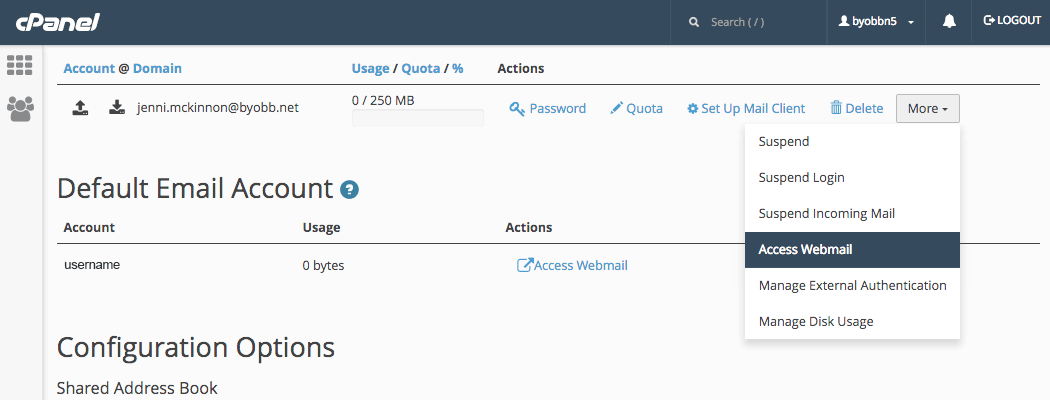 The "Add Email Account" page in cPanel and the "Email Accounts" section. The "More" button has been clicked and the "Access Webmail" button is highlighted.
