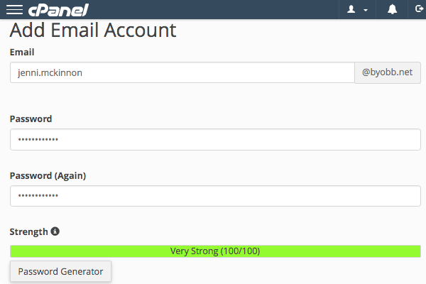 The Add Email Account page in cPanel.