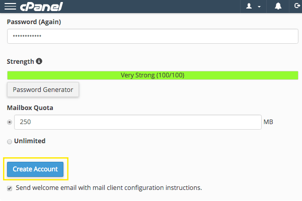 The cPanel Add Email Account page. The "Create Account" button is highlighted.