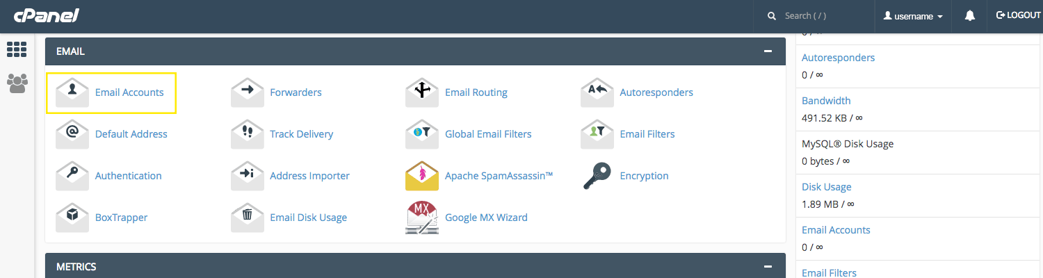 The cPanel main page. The "Email Accounts" button is highlighted.