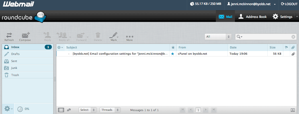 An example email account page with the Roundcube app.