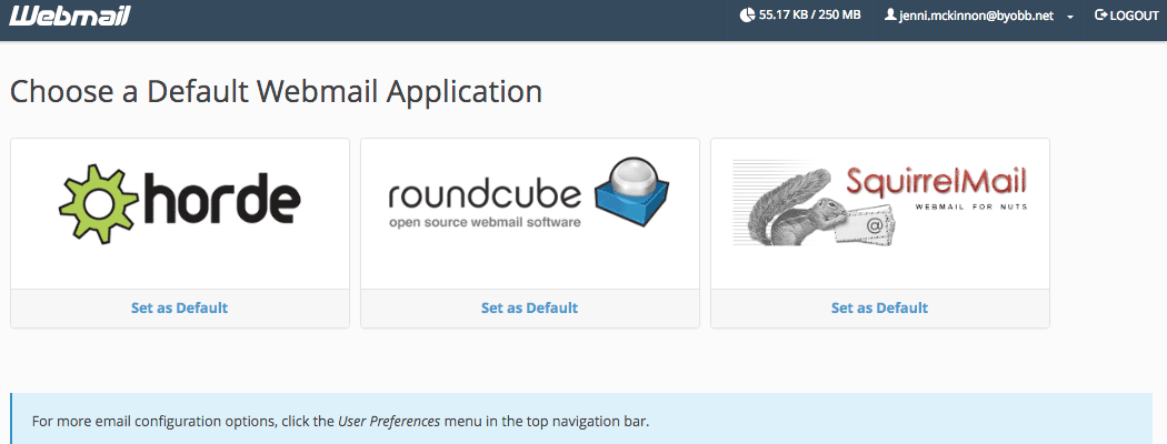 The "Choose a Default Webmail Application" page in cPanel.