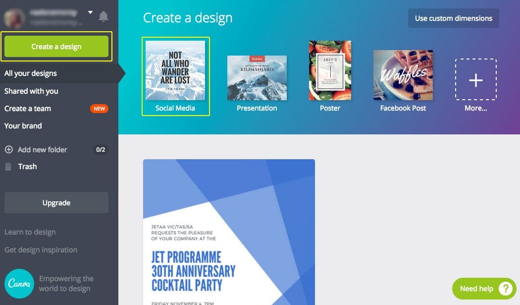 By clicking "Create a Design" you can see perfectly sized frames for most kinds of social media too.