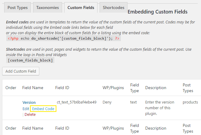 The Custom Fields settings page.