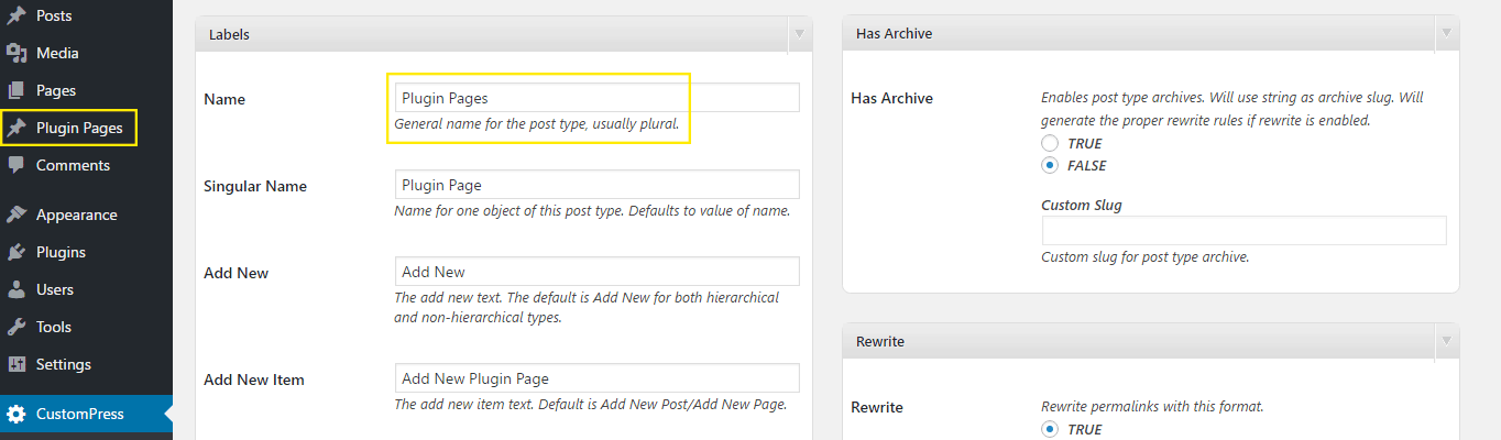 The Labels portion of the Post Type settings.