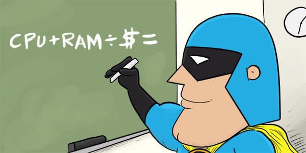 Cartoon of DevMan calculating Price to Specs ratio.