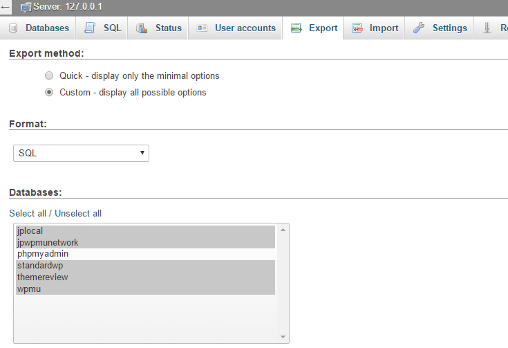 export-databases select just the databases you wish to export
