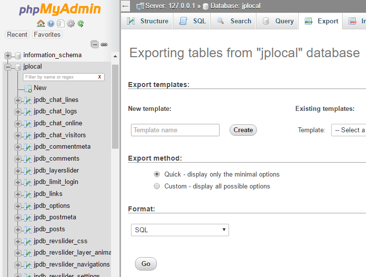 export-one-database select a single database with phpMyAdmin