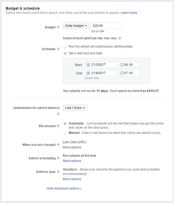 Facebook ad budget and scheduling options