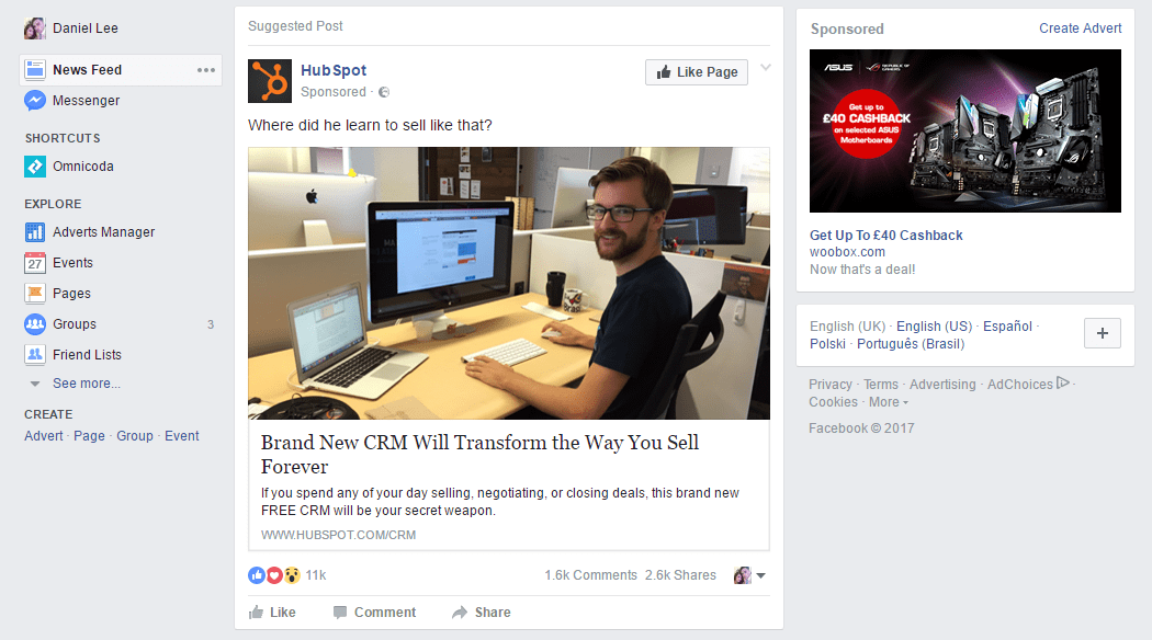 Facebook Ads in the newsfeed and sidebar